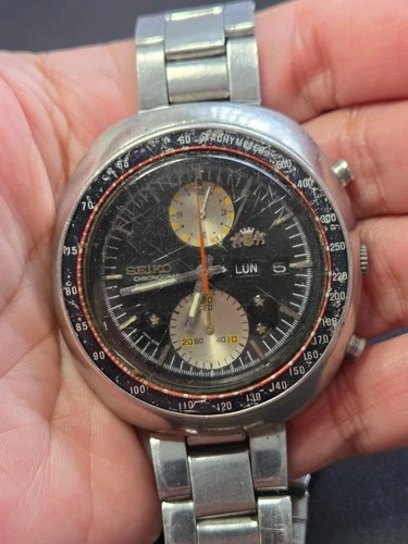 Seiko 6138-0011 Automatic Chronograph Watch UFO Vintage Mens Black Dial