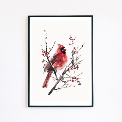 Nordkardinal Vogel Abstrakte Illustration A5 Retro Wohndeko Wandkunstdruck 