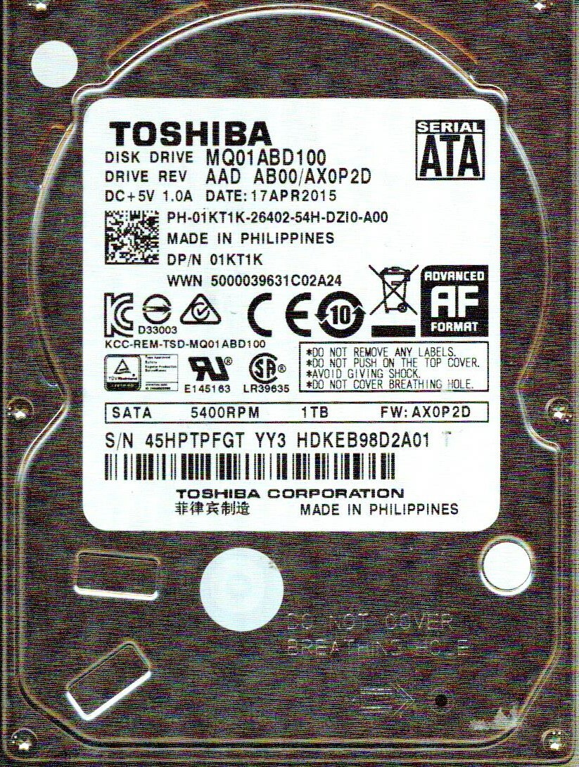 MQ01ABD100, AAD AB00/AX0P2D YY3 HDKEB98D2A01 T TOSHIBA SATA 1TB