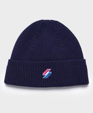 Image of Superdry Code Beanie Navy Ribbed Knitted Winter Woolly Slouch Hat Unisex