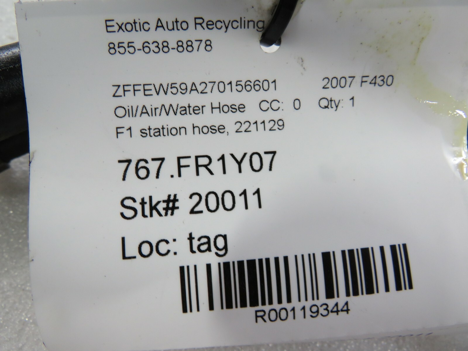 Ferrari F430, F1 Station Hose, Used, P/N 221129