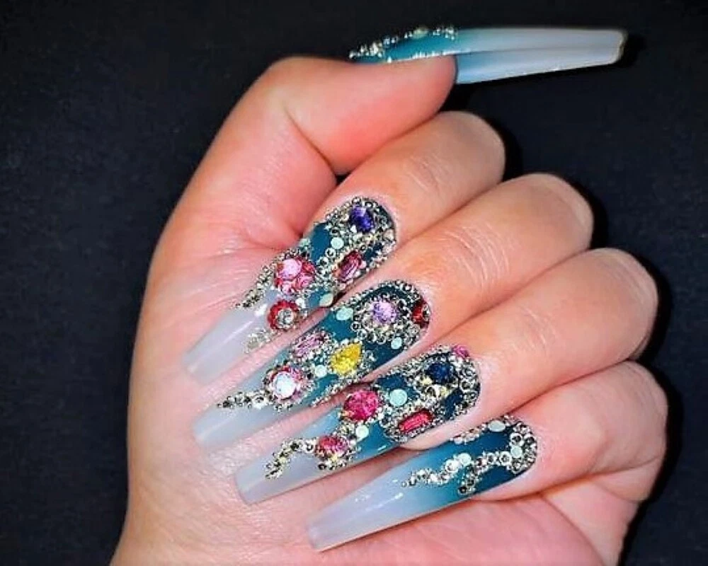 WORLD S MOST EXPENSIVE Gemstone Studded Press On Acrylic Nails 10 Nails 2 Hands