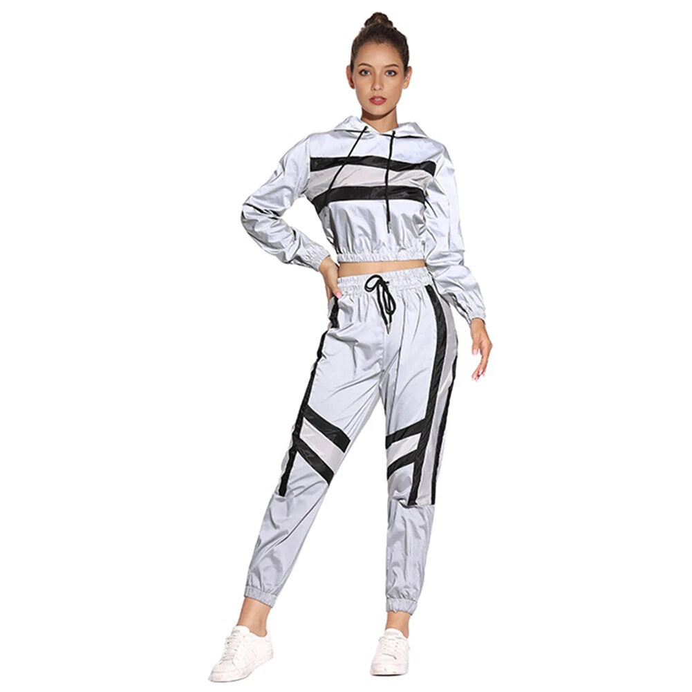 Women Reflective Tracksuits Lady Outfits Hip Hop Fluorescent Jacket Pants  Suit