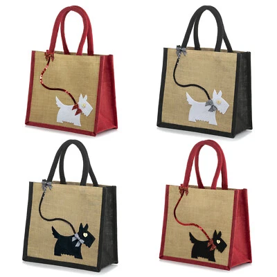 COOCOO Jute Hessian Lunch / Shopping Bag / Shopper Tote - Decorated Scottie Westie Dog