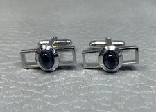 Vintage Onyx Center Mid Century Modern White Gold Plated Cuff Links