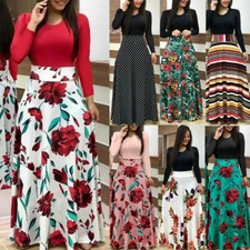 Women Long Sleeve Boho Floral Maxi Dress Cocktail Splice Casual Party Dress