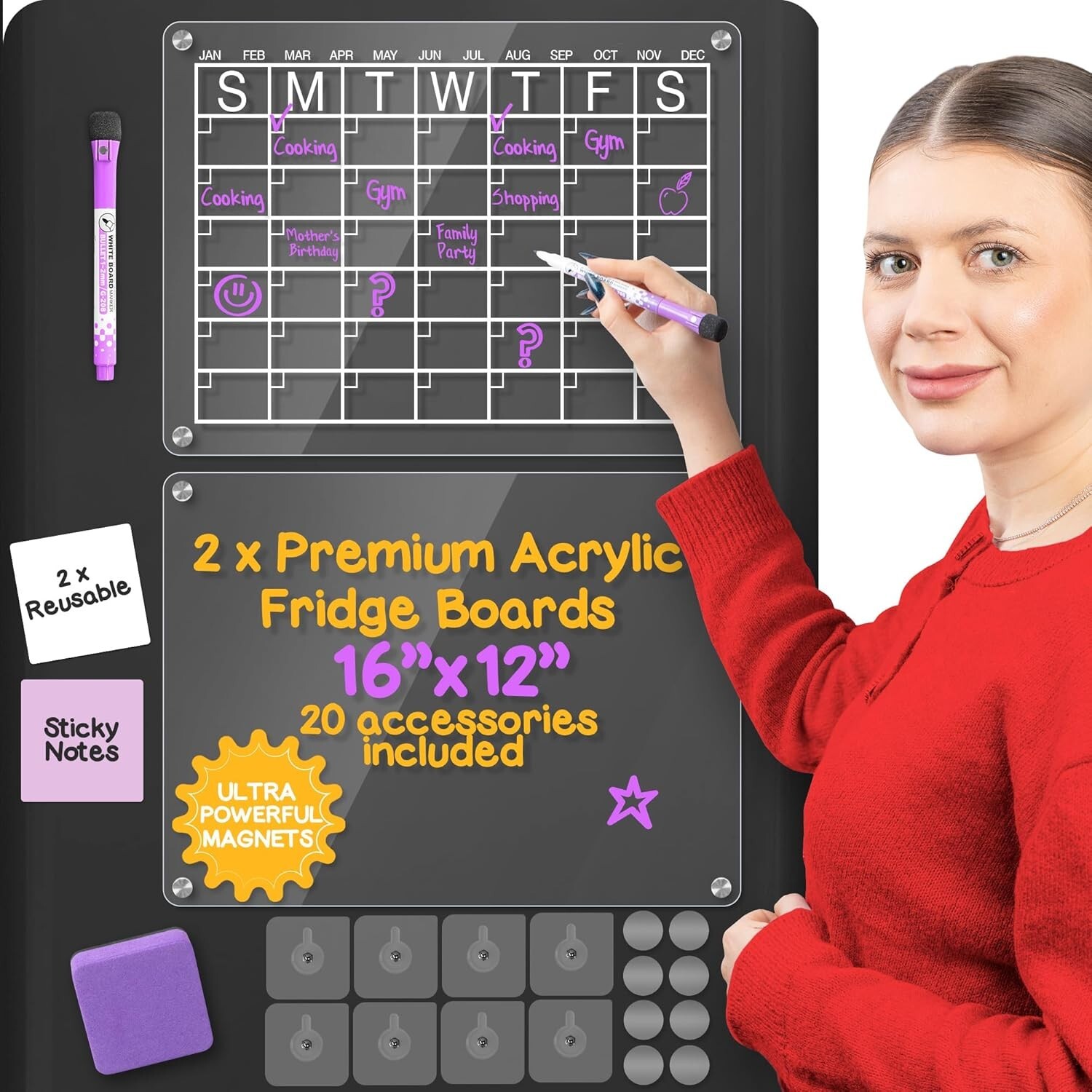 Clear Acrylic Magnetic Fridge Calendar - 16" X 12" With Extra Blank Board (2PC)