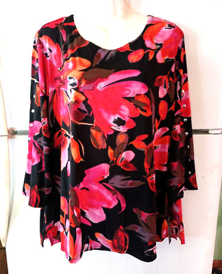 NEW ZAC & RACHEL BLACK WITH FLORAL  PRINT LIQUID KNIT TUNIC TOP PLUS SIZE 3X