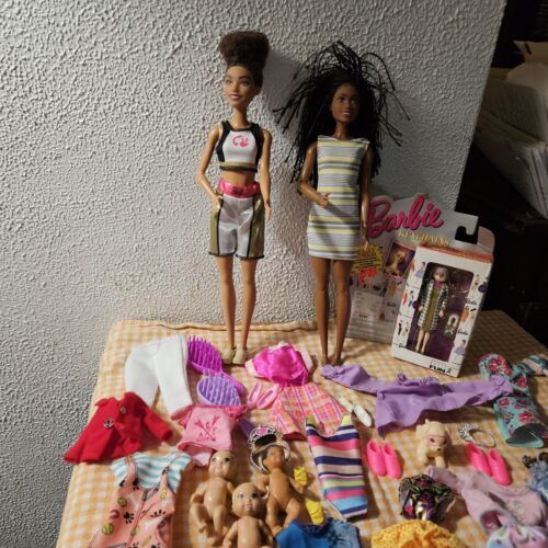 Barbie Doll Lot. 2 African American Dolls  , Keychain, Clothes Dog And Babies - Picture 1 of 18