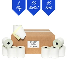 (50)-3 "x 95'- 2-PLY CARBONLESS REGISTER-KITCHEN-RECEIPT POS PAPER ROLLS-USA