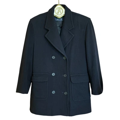 Vintage Burberry Wool Cashmere Coat size 10 Navy Blue Academia Classic Career