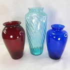 Lot of 3 Vintage Medium Large Flower Vases- Ruby Red, Aqua Teal & Cobalt Blue