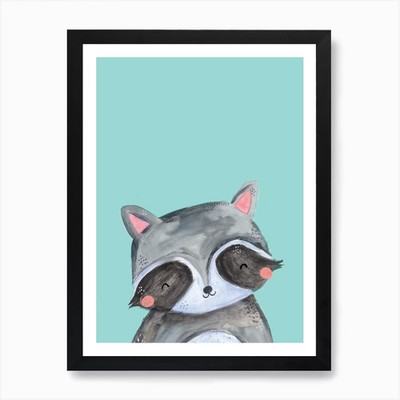 Wald Waschbär auf Mint Kunstdruck gerahmt Wandbild Poster Leinwanddruck Bild