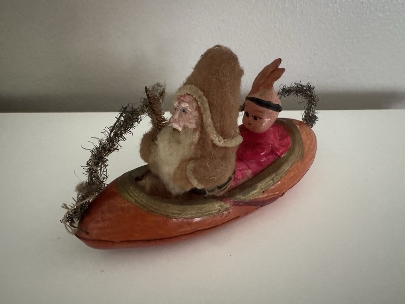 Rare Vintage German Santa Sleigh Ornament / Shelf Decor Felt Canoe