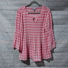 Cottagecore L Top Prairie Peasant Boho Gingham Pink Blouse Bell Sleeves Smocked