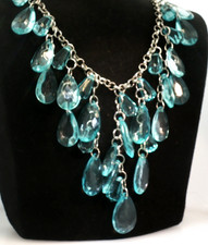 Vintage Aqua Acrylic Bib Necklace Silver Tone Runway Fashion Jewelry 20 in