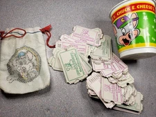 Vintage Chuck E Cheese Tickets Lot With Authentic Drawstring Bag & Cup