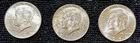 Lot of 3 1964 Kennedy Half Dollars 90% Silver Circulated