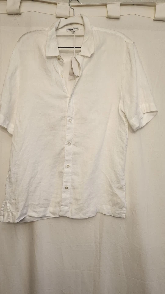 Camisa James Perse de lino para hombre blanca mediana manga corta botón delantero WLZ3375 Foto 2 de 4