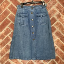 Vtg Denim A Line Skirt Size 11 12 Blue Midi Pockets Buttons Blue Vonder Cinch
