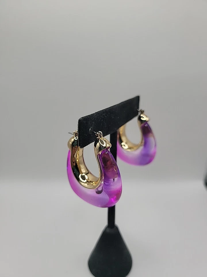 Vintage Earrings Pierced Lever Back Gold Tone Hoops Purple Jewelry Costume - Image 2 of 4