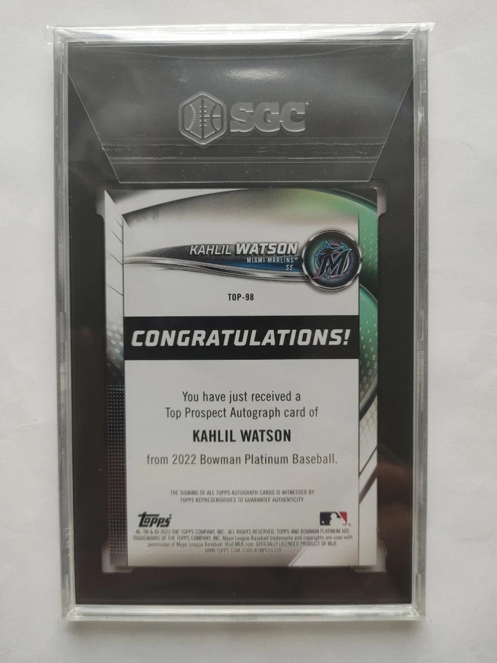 2022 Bowman Platinum Khalil Watson Top Prospect Auto Orange /25, #TOP-98 SGC 8.5 - Image 3 of 3