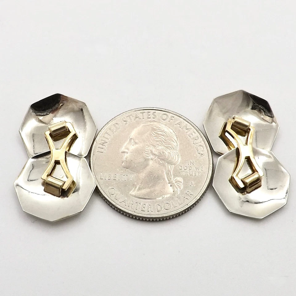 10k White Gold Octagon Spider Web Mens Cufflinks Art Deco Two Tone - Image 3 of 4