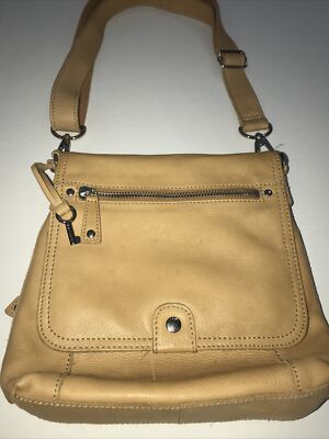 Fossil Tan Camel Leather Organizer Crossbody Bag Silver Key Great, Clean 10x3x10
