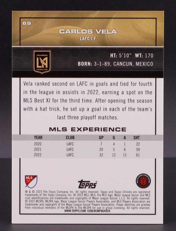 Carlos Vela 2023 Topps Chrome MLS #69 Gold Mini Diamond Refractor /50 - Image 3 of 3