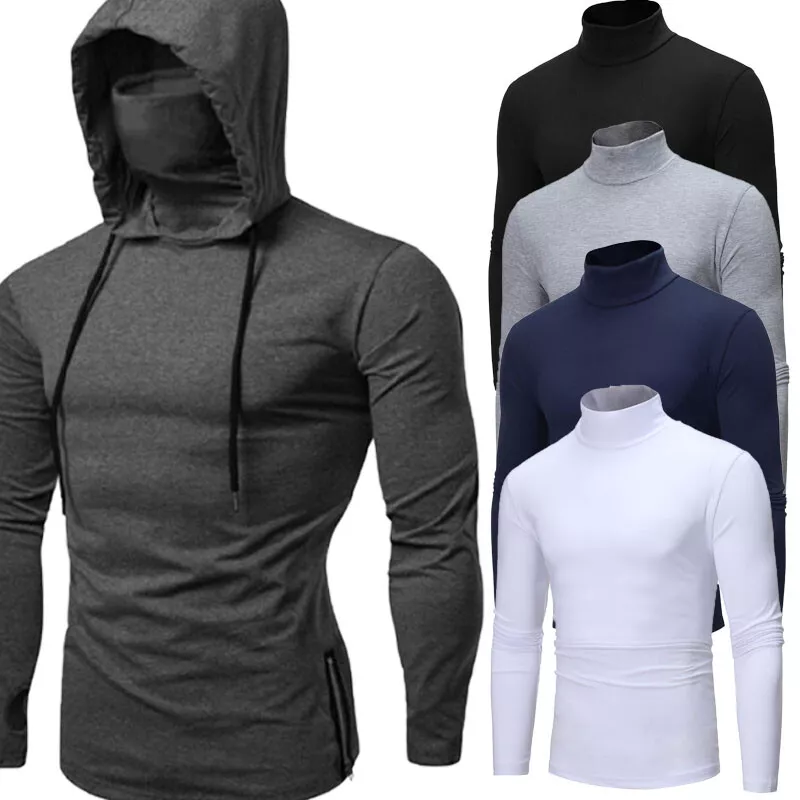 Mens Turtleneck Hoodie Pullover Long Sleeve Jumper Top Casual Hooded  Sweatshirt