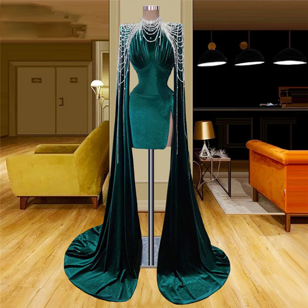 chain prom dress Short Evening Gowns With Beading Chain Long Sleeves Prom Cocktail Party  Dress