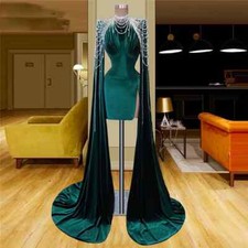 Short Evening Gowns With Beading Chain Long Sleeves Prom Cocktail Party Dress