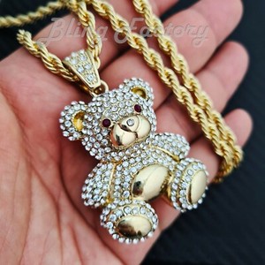 Authentic Iced Cubic Zircoia Gold Plated Bear Doll Pendant & 4mm 24" Rope Chain Necklace