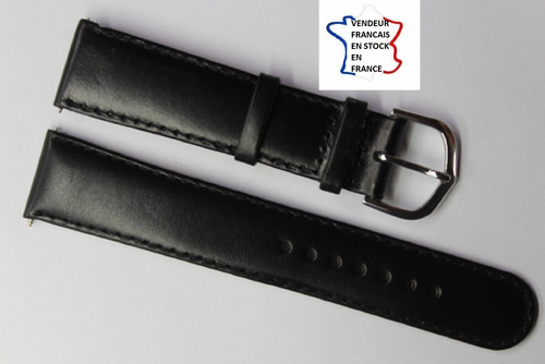 Bracelet De Montre En Cuir Véritable Noir 20mm - Boucle Argentée - Neuf Avec Pompes