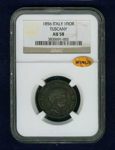 ITALY / ITALIAN STATES  TUSCANY  1856  1 FIORINO SILVER COIN NGC CERTIFIED AU58