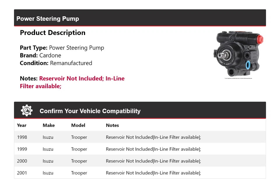 Bomba de dirección asistida Cardone para Isuzu Trooper 1998-2001 1999 2000 Foto 2 de 4