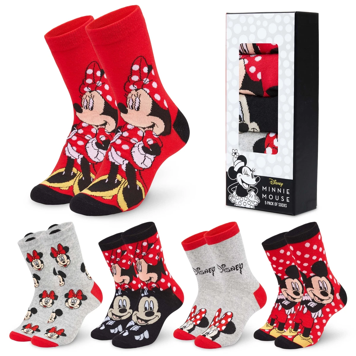 Disney Womens Socks Red Grey 5 Pairs Minnie Mickey Ladies Socks