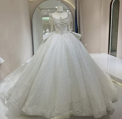 Princess Wedding Dresses Long Sleeves Glitter Beaded Sweep Train Bridal  Gowns | eBay