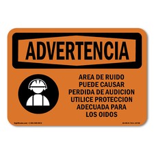 Noise Area Use Ear Protection Spanish ANSI Warning Sign Metal Plastic Decal