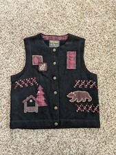 WOOLRICH Womens Wool Christmas Vest Cabinwear Beads Country Bear Plaid sz S