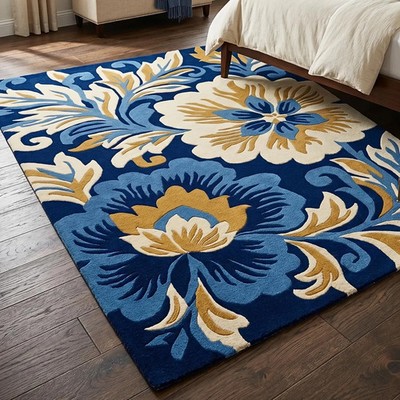 Floral Hand Tufted Wool Rug, Navy Blue Botanical Textured Carpet