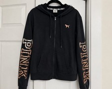 Victoria's Secret PINK Full Zip Hoodie Zipper Black Rose Gold Sequins Sz M Y2K