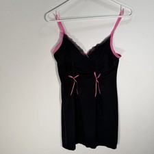 VTG Y2K Victorias Secret Nightgown Womens Sz M Black Pink Bows Babydoll Coquette
