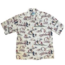 REYN SPOONER Vintage Sport Print Hawaiian Shirt Mens XL Cream Football Baseball
