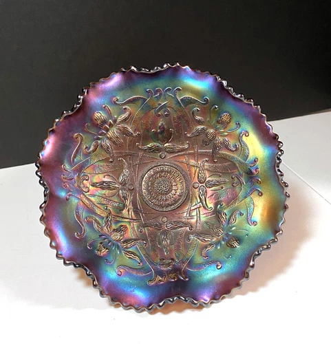 Northwood Wishbone Amethyst Carnival Glass Ruffled 3-Footed Ruffled Bowl