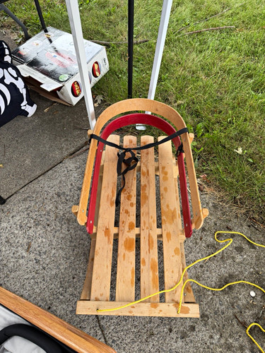 Wood Slat Sled with Pull Rope, Includes Sled & Rope, Brown/Red/Black/Yellow
