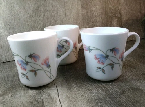 Corning Sweet Celeste Coffee Mugs 8oz White Pink & Blue Floral Made In USA Set 3