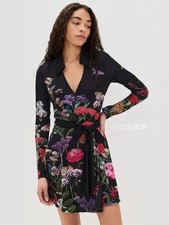 Alice + Olivia Womens Floral Print Long Sleeve V-Neck Short Black Dress