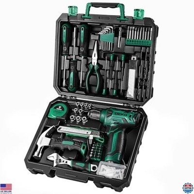 8V Cordless Drill Tool Kit, 126-Piece Home Repair Set with Storage Case, Green