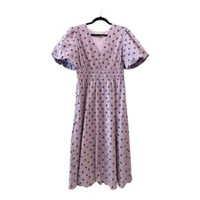 She + Sky Dress Large Lavender Purple Polka Dot Puff Sleeve V-Neck Midi Dress